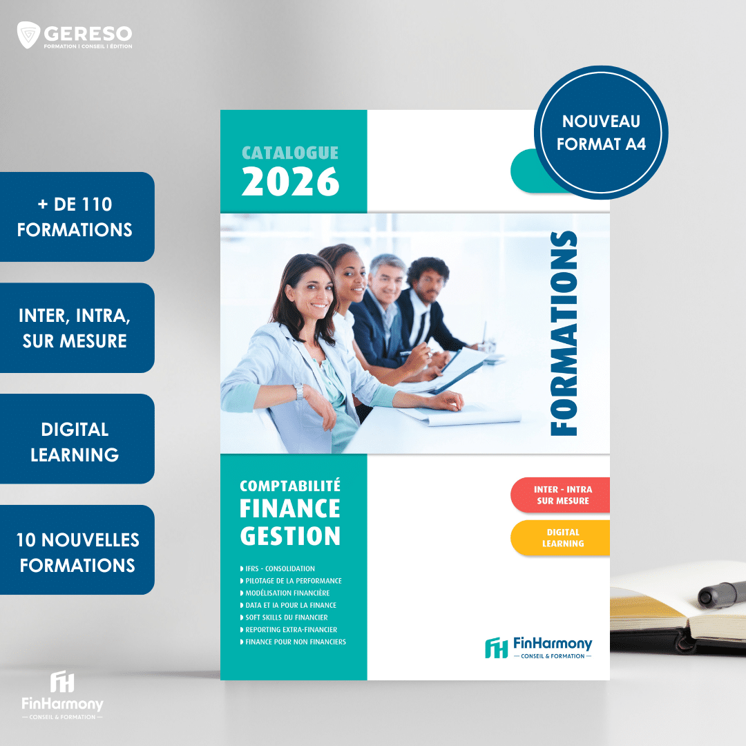 Couverture du catalogue FinHarmony 2026 – Formations en finance, fiscalité, IFRS, soft skills et data