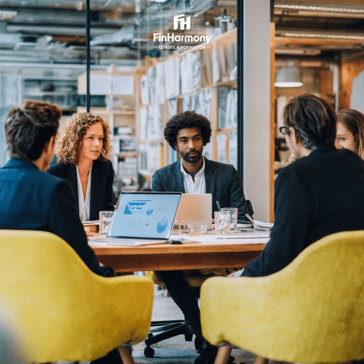 Réunion entre la direction financière et les RH autour d’un tableau de bord, illustrant le pilotage commun des compétences.